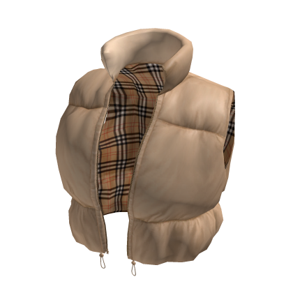 Beige Check-Lined Luxe Puffer Vest with Collar