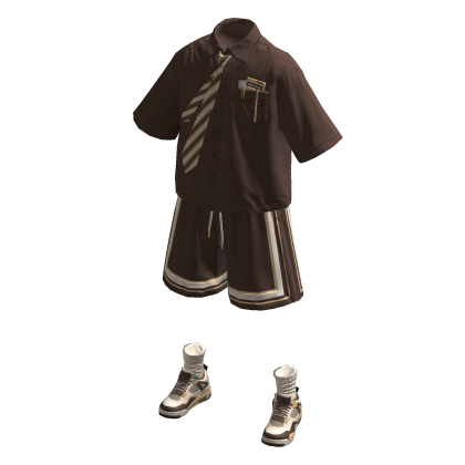 Brown vintage shirt with tie & shorts set
