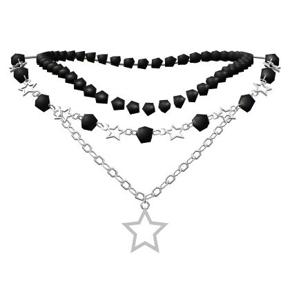 Y2k Layered Star Necklace with Black Pearls Silver