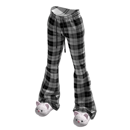 Kawaii Black Plaid Pajama Pants w/ Cat Slippers