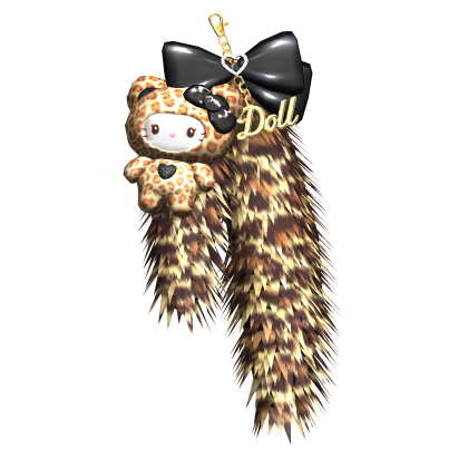 Leopard Gyaru Kitty Plushie Fur Keychain Black Bow