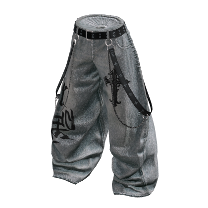 Y2K Grunge Chain Wide Denim Pants (Gray)