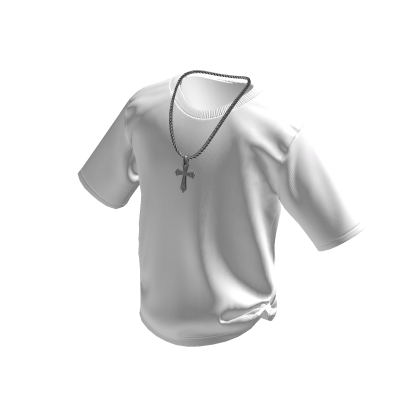White T-Shirt w/ Silver Cross Chain