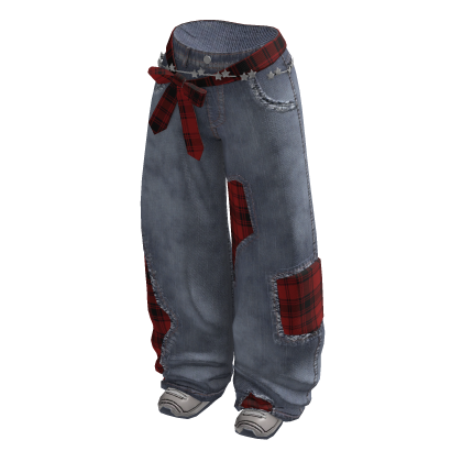 Cute Red Patchwork Preppy Jeans