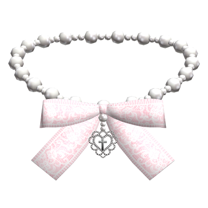 White Heart Pearl Necklace w Pink Bow & Cross