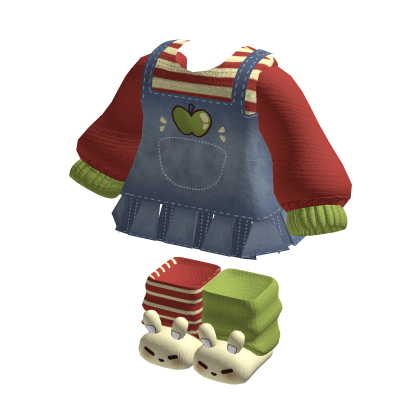 Cute Denim Red & Green Apple Igari Bunny Outfit