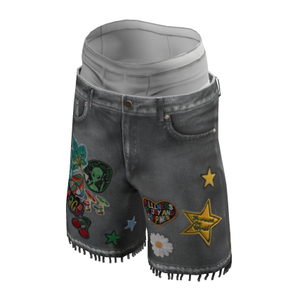 Y2K Star Alien Patchy Grey Denim Shorts w/ Boxers