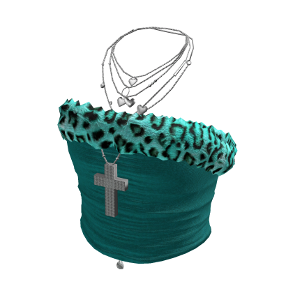 Y2K Leopard Tube Top w/ Cross Chain (Teal)