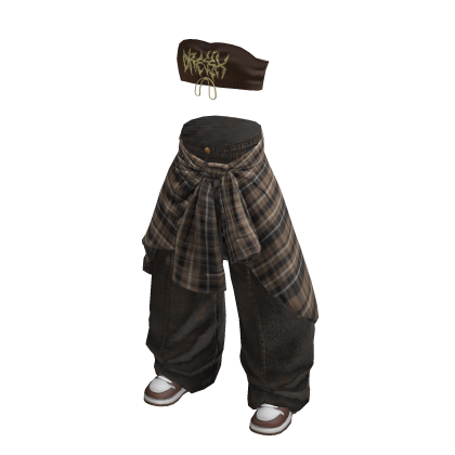 Y2K Vintage Brown Flannel Baggy Pants Crop Top Set