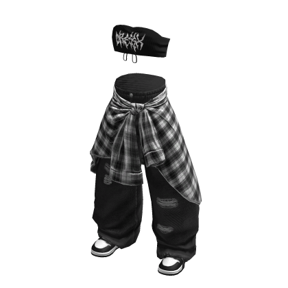 Y2K White Flannel Baggy Pants Crop Top Set