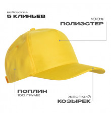 Бейсболка STAN 5 клиньев полиэстер 150, 10P, Жёлтый (12)