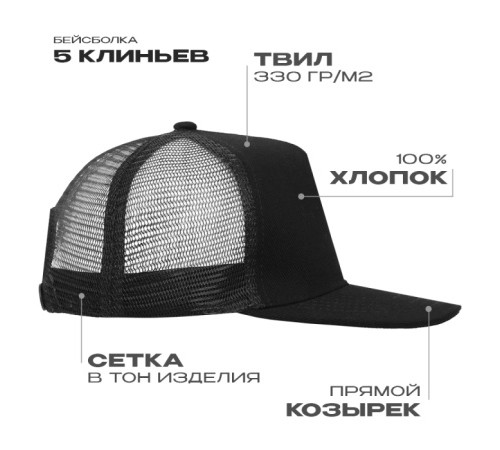 Бейсболка прямой козырёк STAN 5 клиньев хлопок 330,09, Чёрный (20)