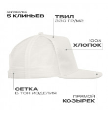 Бейсболка прямой козырёк STAN 5 клиньев хлопок 330,09, Молочный (11)