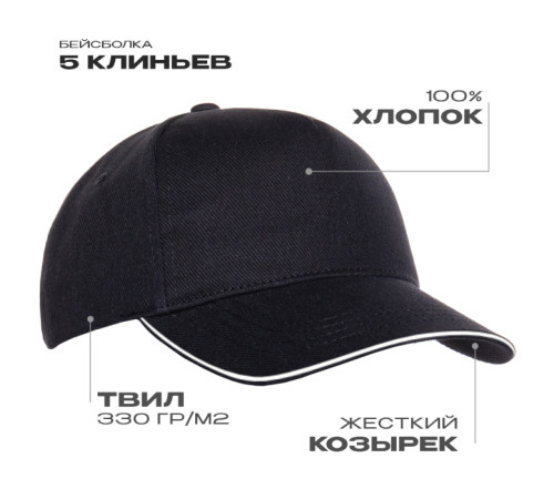 Бейсболка с кантом STAN 5 клиньев хлопок 330,04, Чёрный (20)
