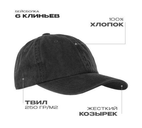 Бейсболка винтажная STAN 6 клиньев  хлопок 280, 22, Чёрный (20)