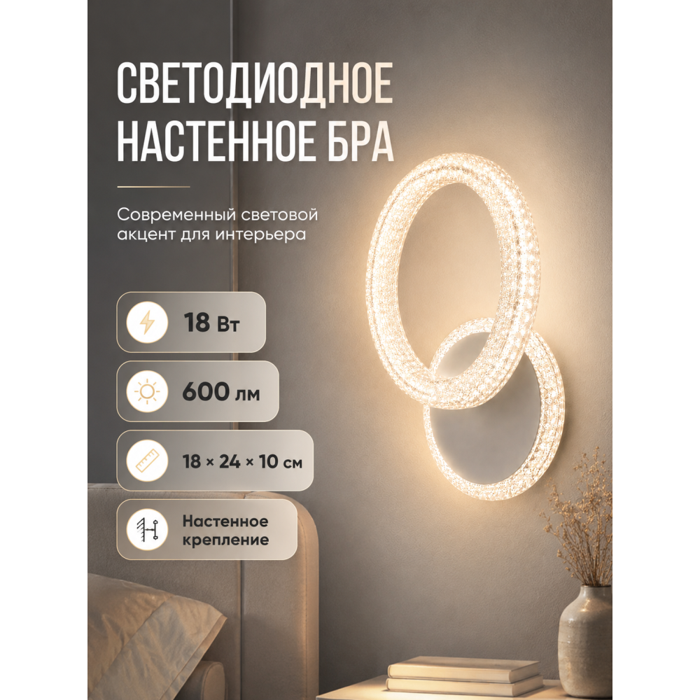 Бра светодиодный 1 плафон 18*24*10 см 18Вт 600 LM 5 м2 акрил 3 цвета белый Baizheng