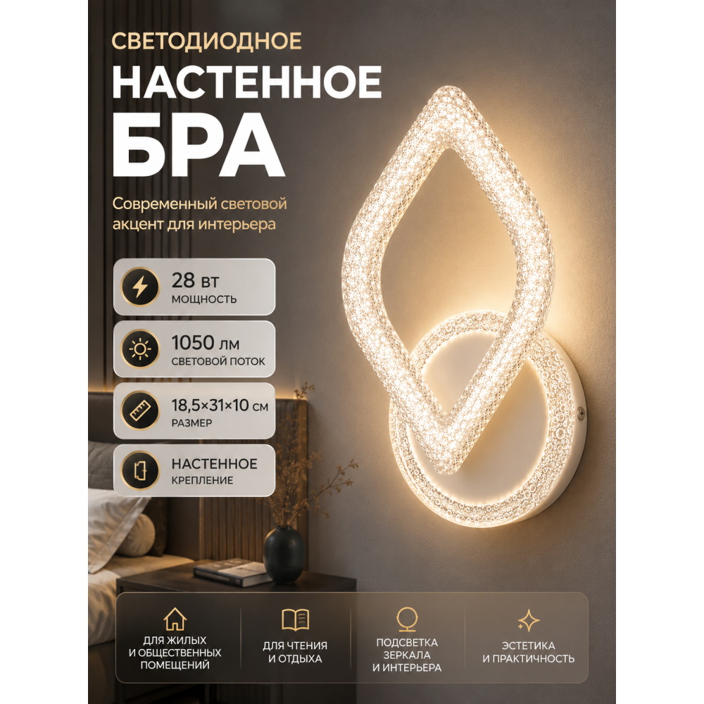Бра светодиодный 1 плафон 18,5*31*10 см 28 Вт 1050 LM 10м2 акрил 3 цвета белый Baizheng