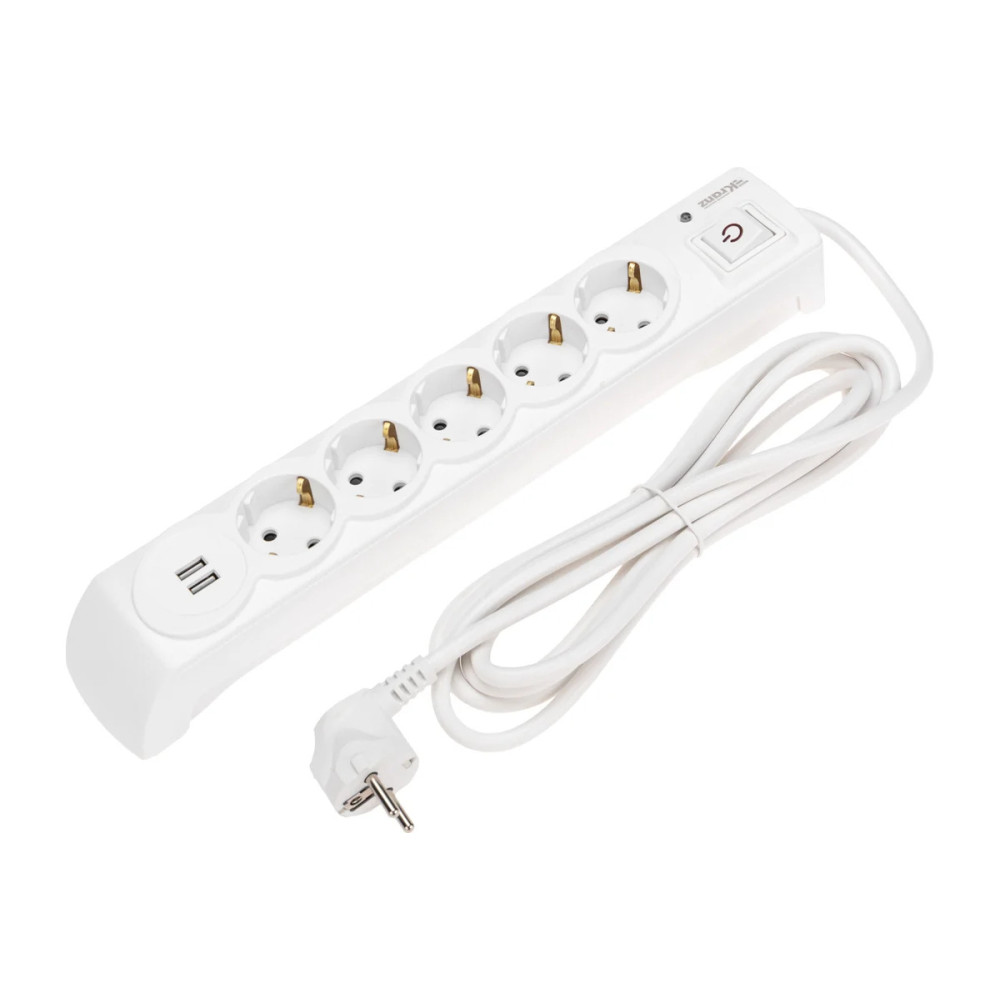 Фильтр сетевой 5 гнезд 5м 3х15мм² с автовыкл 2 USB белый KRANZ