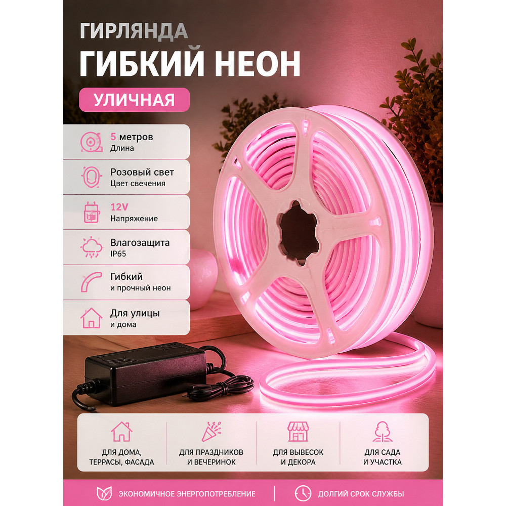 Гирлянда светодиодная уличная гибкий неон 5 м 12В розовый Baizheng