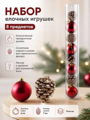 Набор елочных игрушек 8 шт шар шишка SYQB-0119230 Волшебная страна Набор елочных игрушек 8 шт шар шишка SYQB-0119230 Волшебная страна
