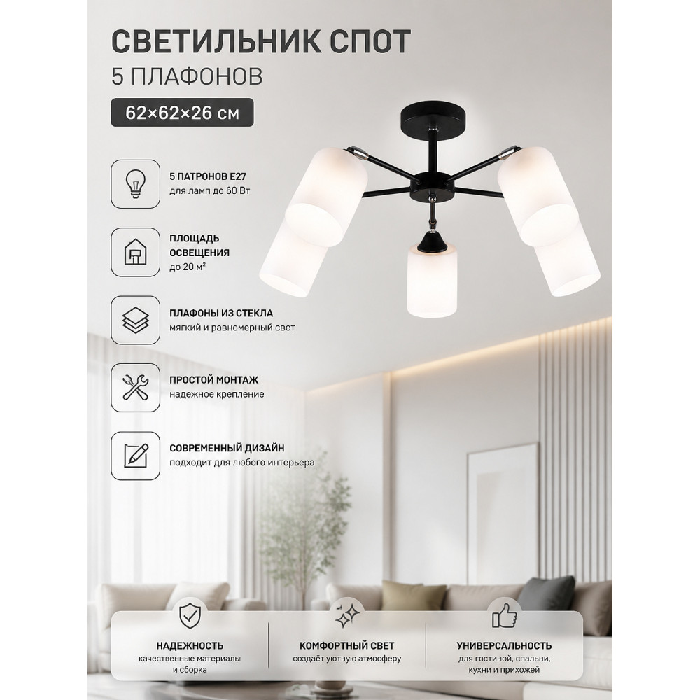 Светильник спот 5 плафонов 62*62*26 см Е27 60Вт 20м2 плафон стекло черный Baizheng