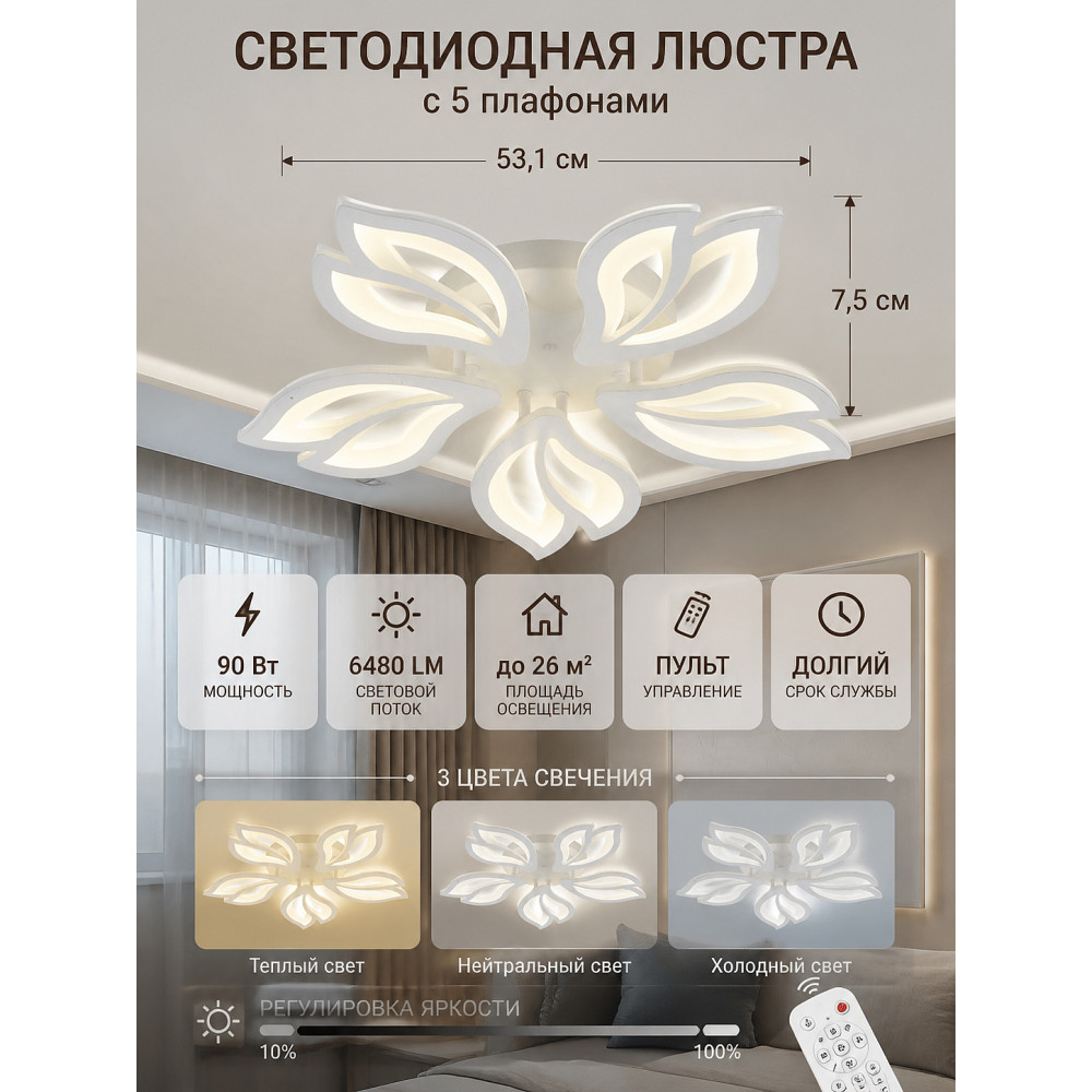 Люстра светодиодная 5 плафонов 53,1*7,5 см 90 Вт 6480LM 26м2 3 цвета пульт белый Baizheng
