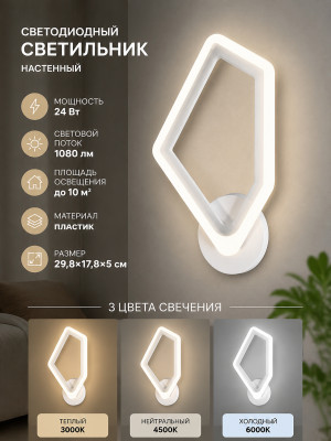 Бра светодиодный 1 плафон 29,8*17,8*5 см 24Вт 1080LM 10м2 3 цвета пластик белый Baizheng