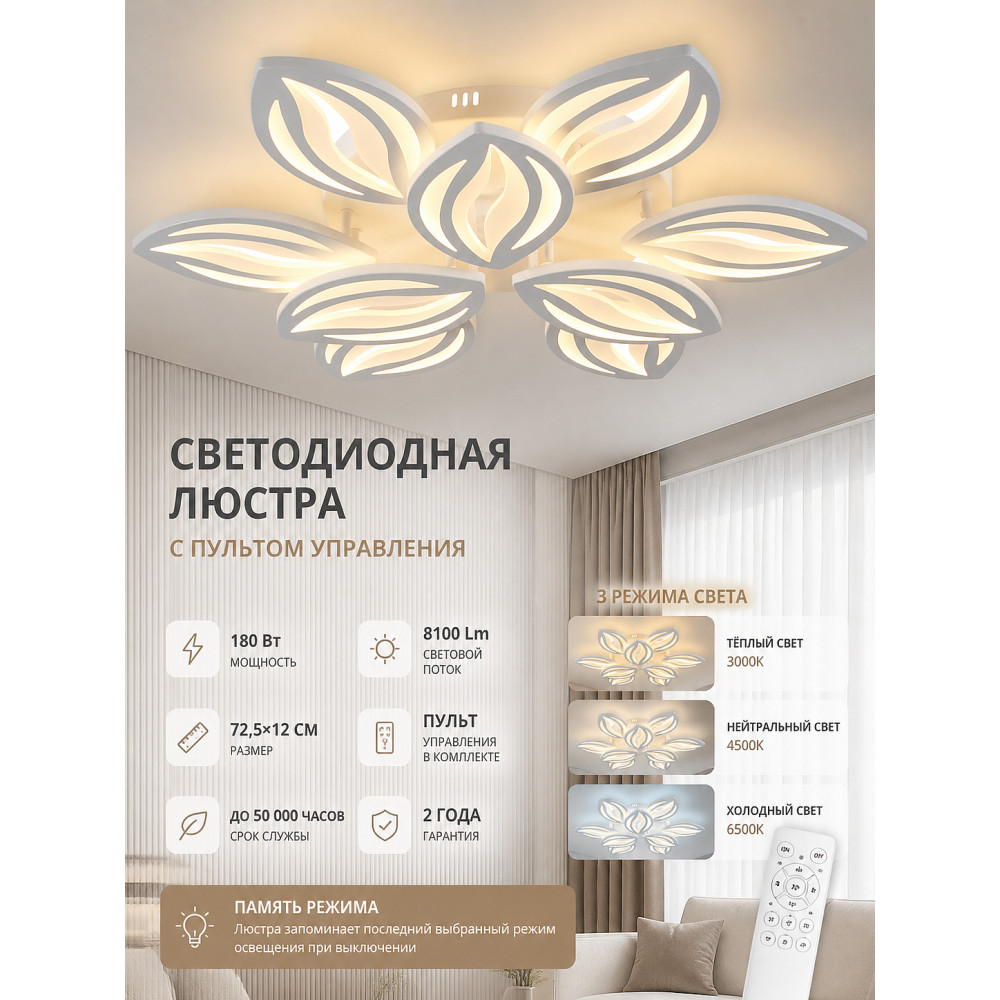 Люстра светодиодная Baizheng 9 плафонов 72,5x12 см 180 Вт 8100 LM 3 цвета белый с пультом управления