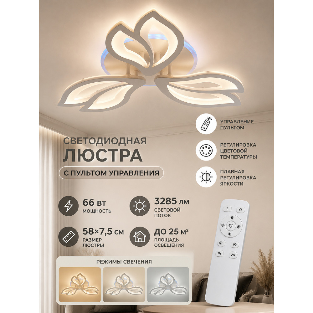 Люстра светодиодная 3 плафона 58*7,5 см 66Вт 3285LM 25м2 пульт пластик мультицвет Baizheng