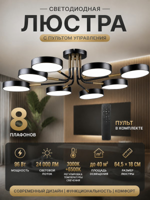 Люстра светодиодная 8 плафонов 64,5*18 см 96Вт 24000LM 3000K+6500K 40м2 пульт черный Baizheng