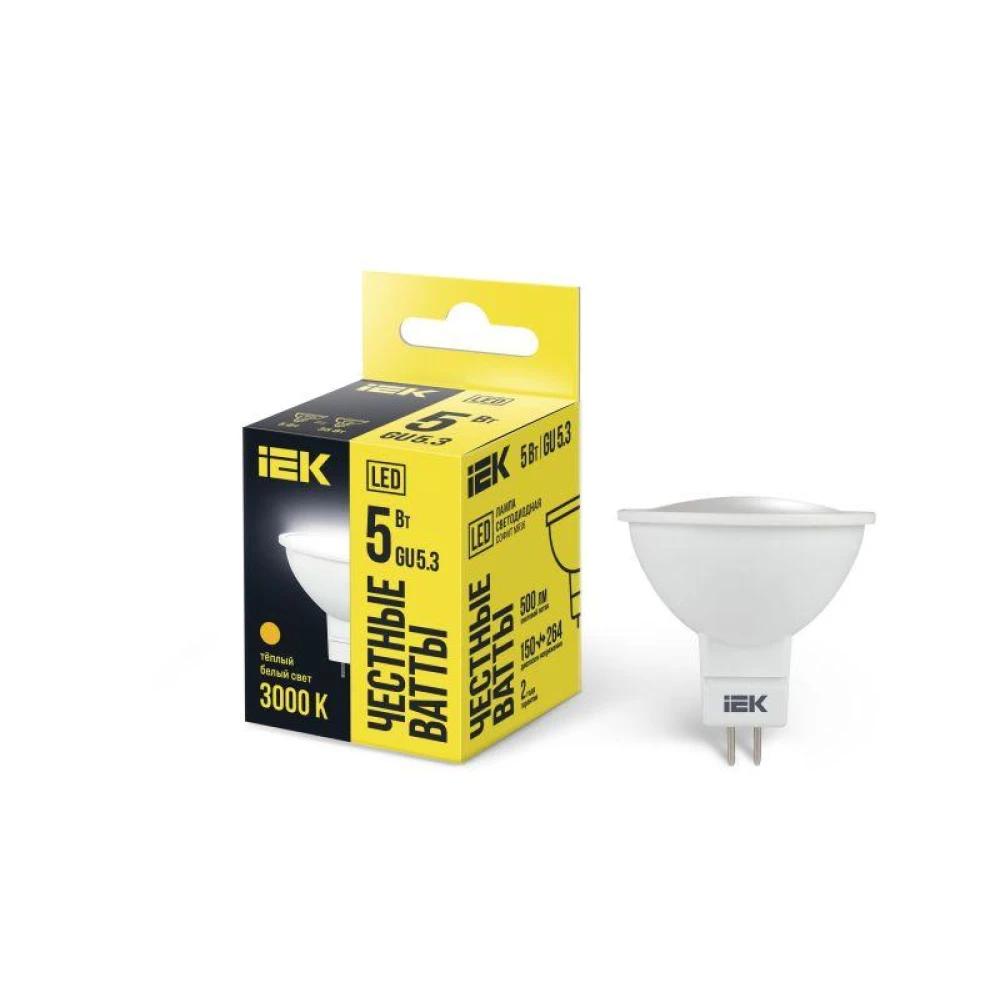 Лампа светодиодная MR16 5Вт 3000К тепл. бел. GU5.3 450лм 230-240В IEK LLE-MR16-5-230-30-GU5