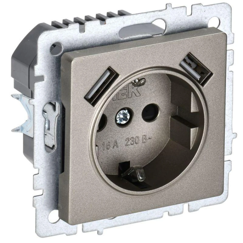Розетка BRITE РЮш10-2-БрШ 16А с USB A+A 3.1А с заземл. защ. шторки механизм шампань IEK BR-R14-16-U21-D31-K37