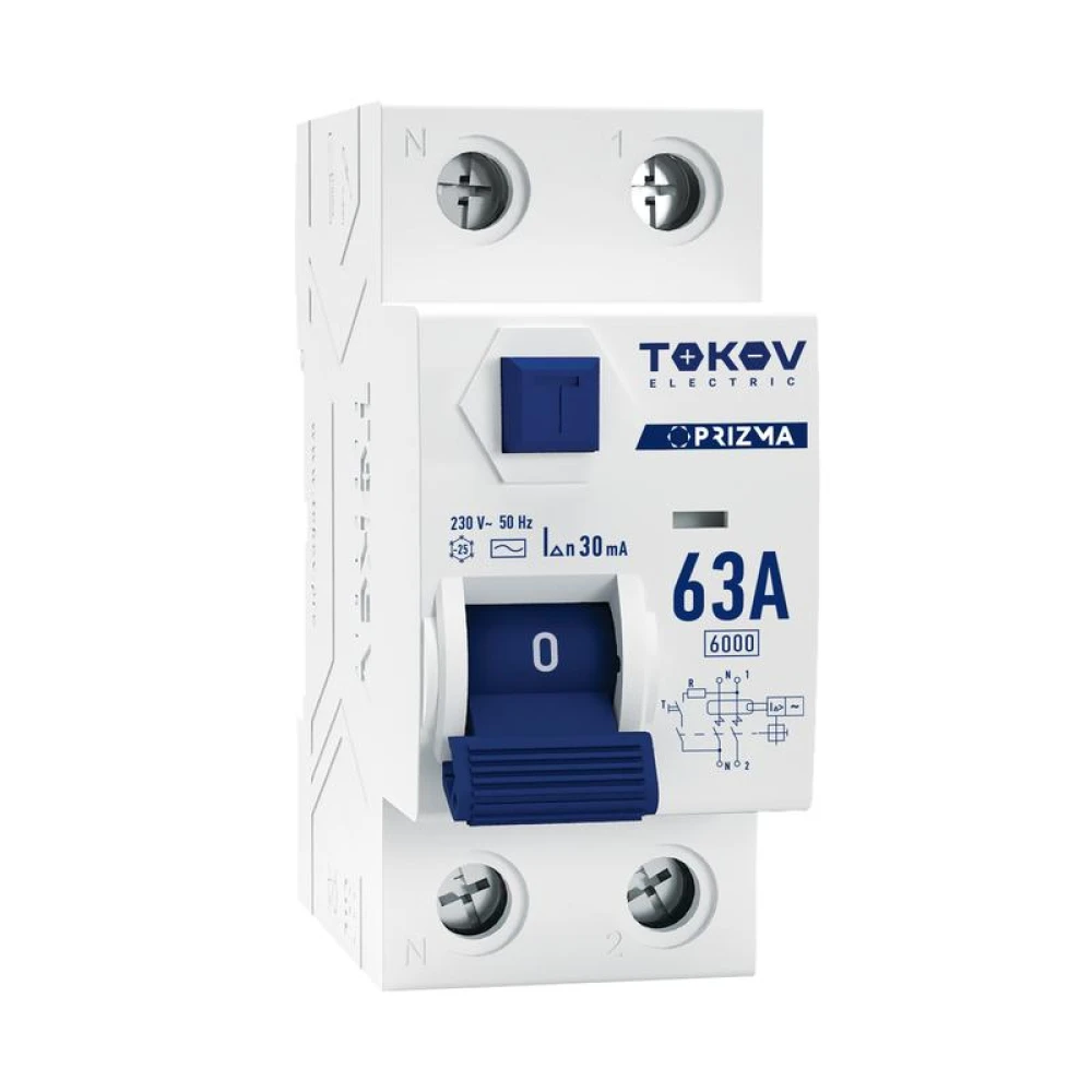 Выключатель дифференциального тока (УЗО) 2п (1P+N) 63А 30мА тип AC 6кА PRIZMA TOKOV Electric TKE-PZ60-RCDM-2-63-30-AC