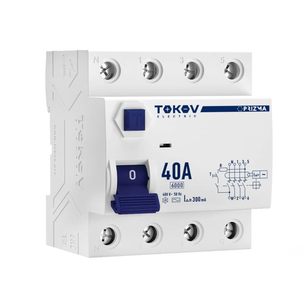Выключатель дифференциального тока (УЗО) 4п (3P+N) 40А 300мА тип AC 6кА PRIZMA TOKOV Electric TKE-PZ60-RCDM-4-40-300-AC