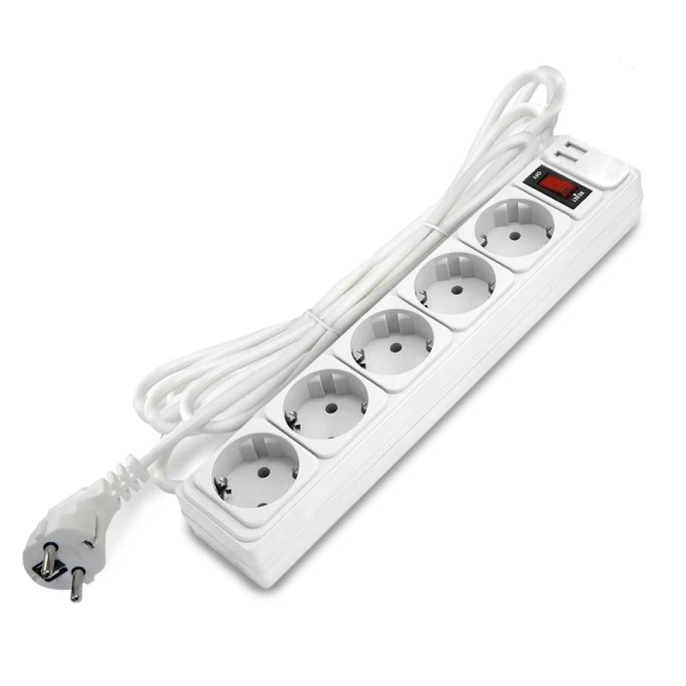 Удлинитель с сетевым фильтром 5х3м с заземл 10А 2.2кВт IP20 2хUSB ПВС 3х1 с выкл. бел. DOMTOK 2565