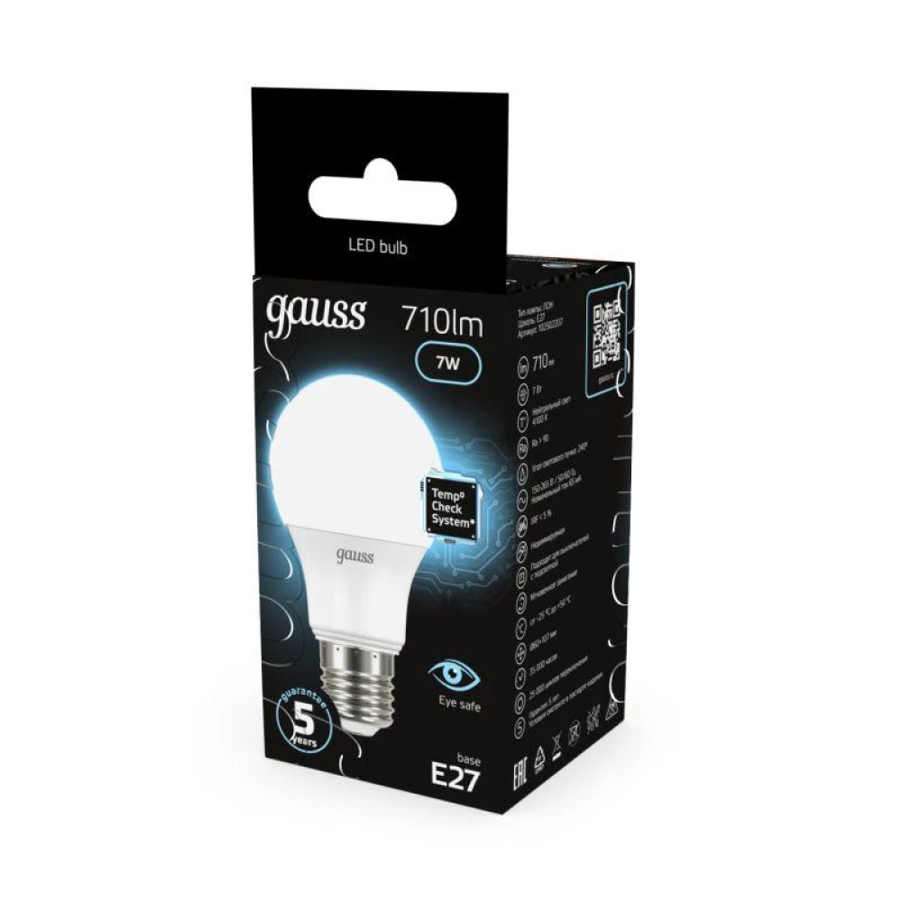 Лампа светодиодная Black 7Вт A60 грушевидная 4100К нейтр. бел. E27 710лм GAUSS 102502207