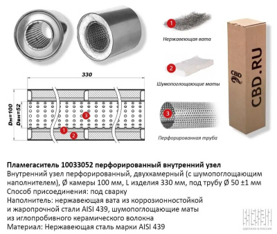 Пламегаситель коллекторный 100x330 d52 с перфорированной трубой