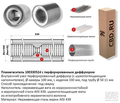 Пламегаситель коллекторный 100x330 d52 с перфорированным диффузором