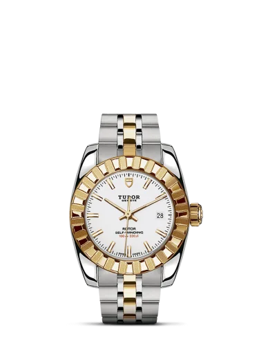 Classic 28 Stainless Steel / Yellow Gold / Fluted / White / Bracelet
