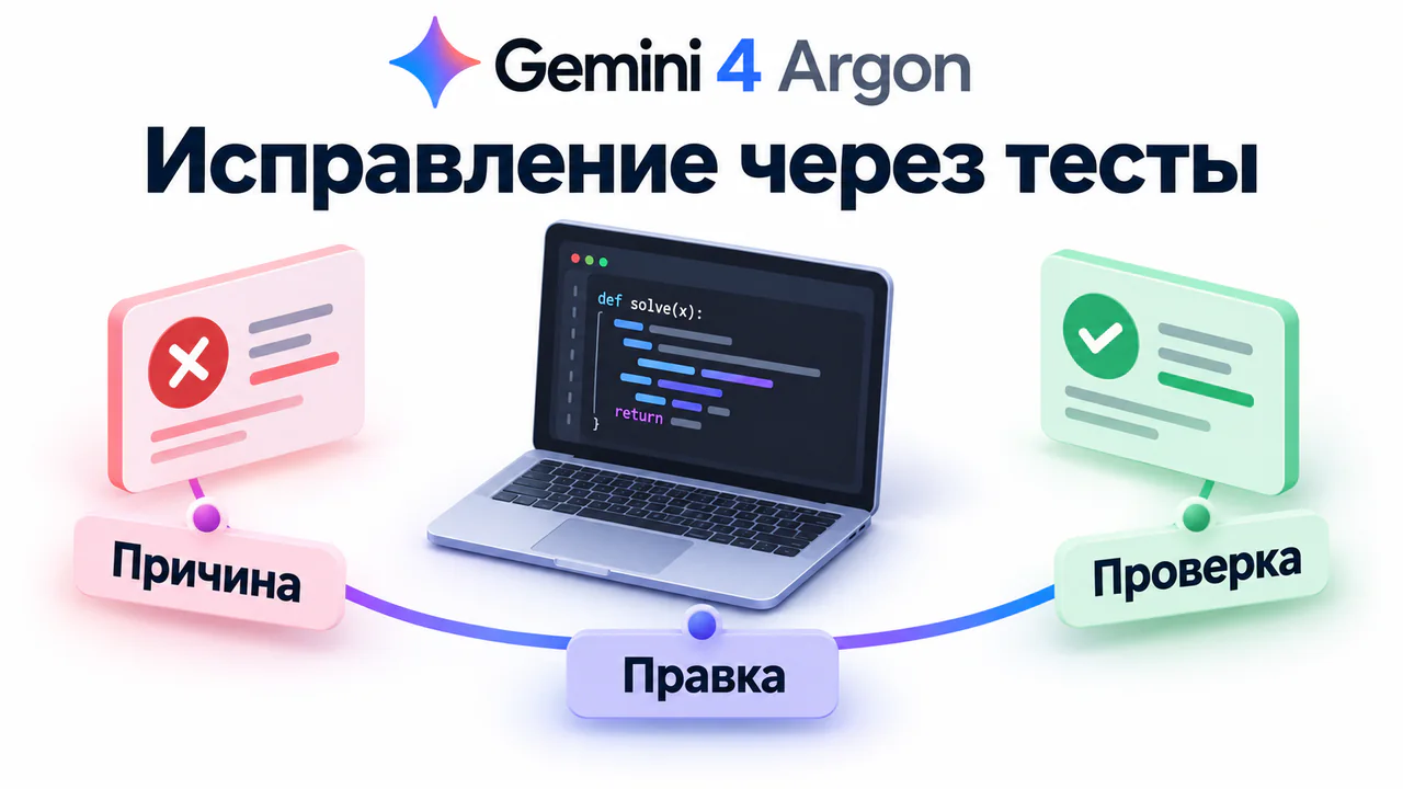 Gemini 4 Argon связывает причину ошибки, исправление и проверку кода