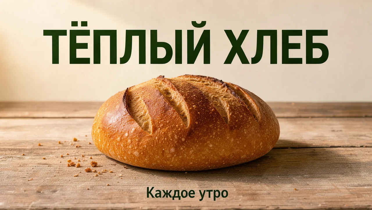 Постер пекарни с русскими надписями ТЁПЛЫЙ ХЛЕБ и Каждое утро