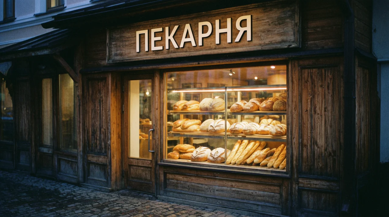 Витрина пекарни в мягком утреннем освещении