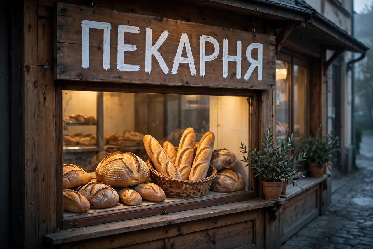 Деревянная вывеска пекарни с читаемым русским словом