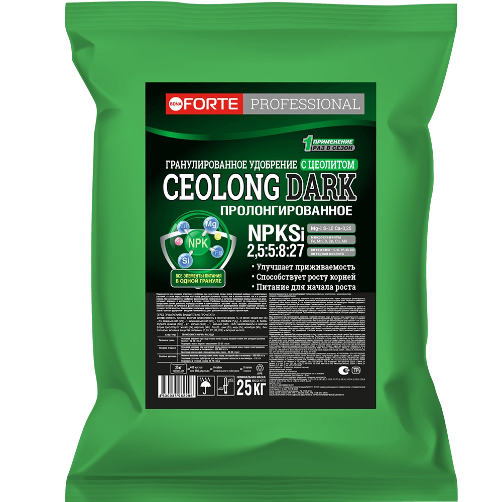 Bona Forte Professional Гранулированное удобрение CEOLONG DARK mid (фракция 2-4 мм), мешок 25 кг