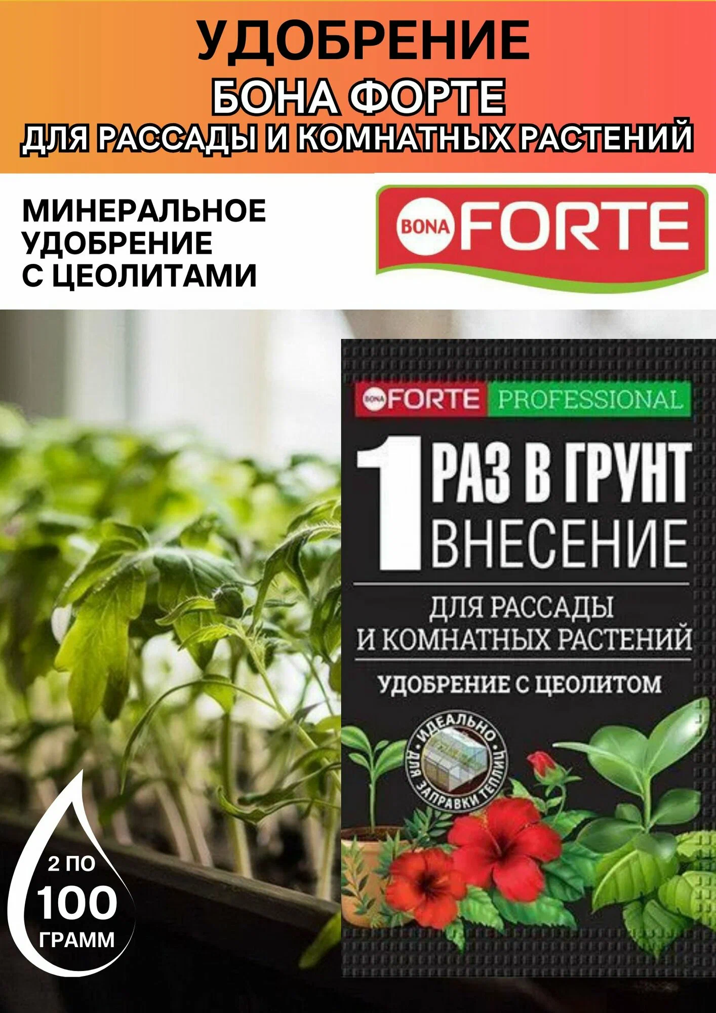 Bona Forte НАНОУДОБРЕНИЕ пролонгированное Для комнатных растений, рассады, саженцев, теплиц и грядок, пакет 100 г (10 штук в шоубоксе)