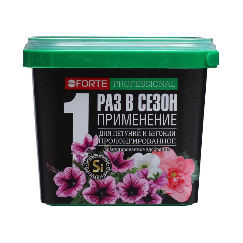 Bona Forte Удобрение сухое гранулированное пролонгированное Для петуний и бегоний с биодоступным кремнием, ведро 1 л