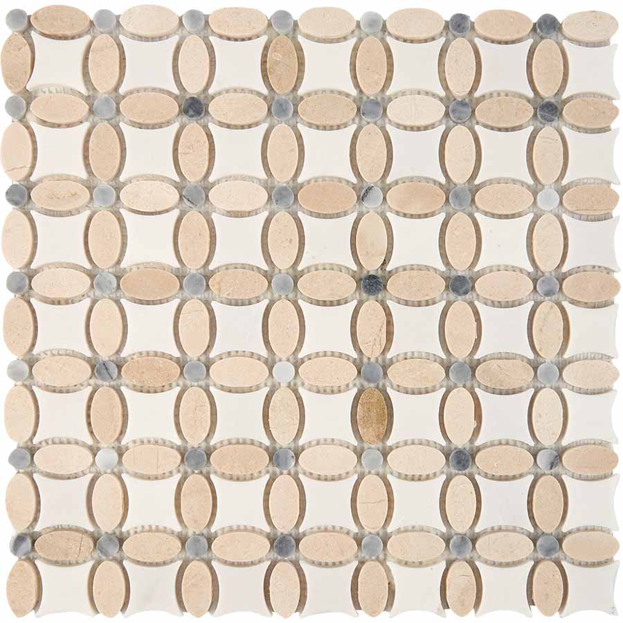 PIX 281 Cream marfil, Thassos, Athens grey, чип 32x32 мм, сетка 336х336x8 мм, Полированная арт. 73795