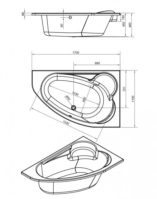Ванна асимметричная KALIOPE 170x110 правая 63444 арт. 25212