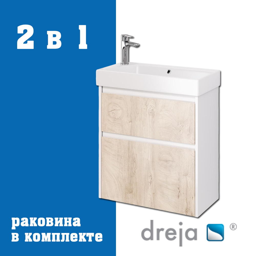 Тумба с раковиной подвесная Dreja Slim 65 см, белый/дуб кантри арт. 177343