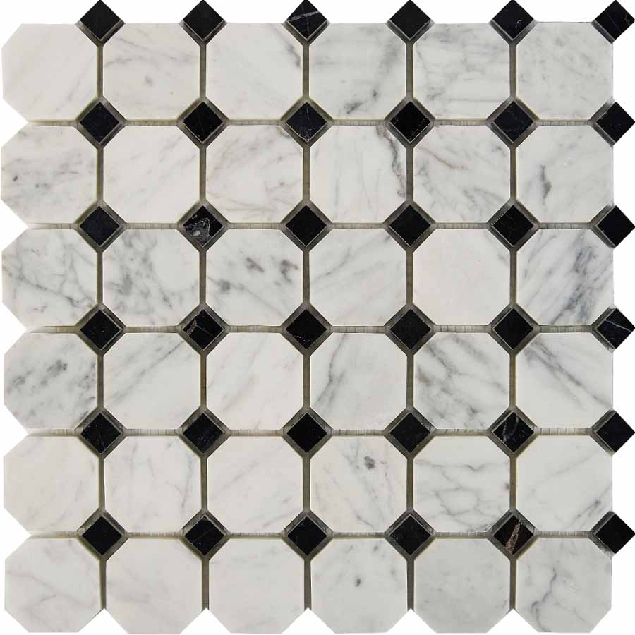 PIX 209 Bianca Carrara, Nero Marquina, чип 48x48 мм, сетка 305х305x8 мм, Полированная арт. 73745